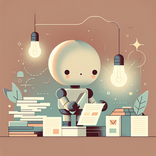 An image of A small robot organizing documents on a desk beside a glowing light bulb.