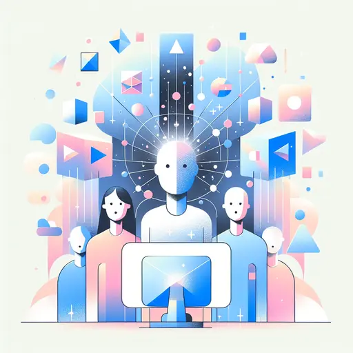 An image of A glowing computer screen surrounded by floating geometric shapes, symbolizing digital presence and connection in a serene space.